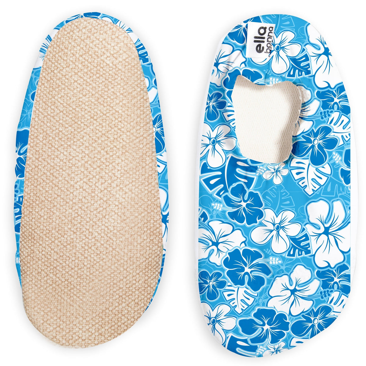 Blue slip-on water shoes with white hibiscus flower print, with one sole facing the camera on a white background.