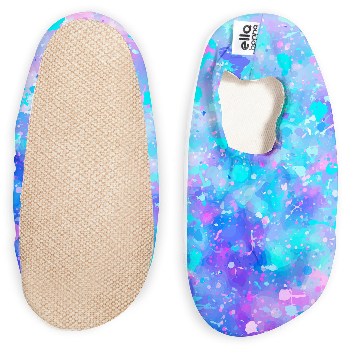 Slip-on water shoes with blue, turquoise and purple watercolor print, with one sole facing the camera on a white background.
