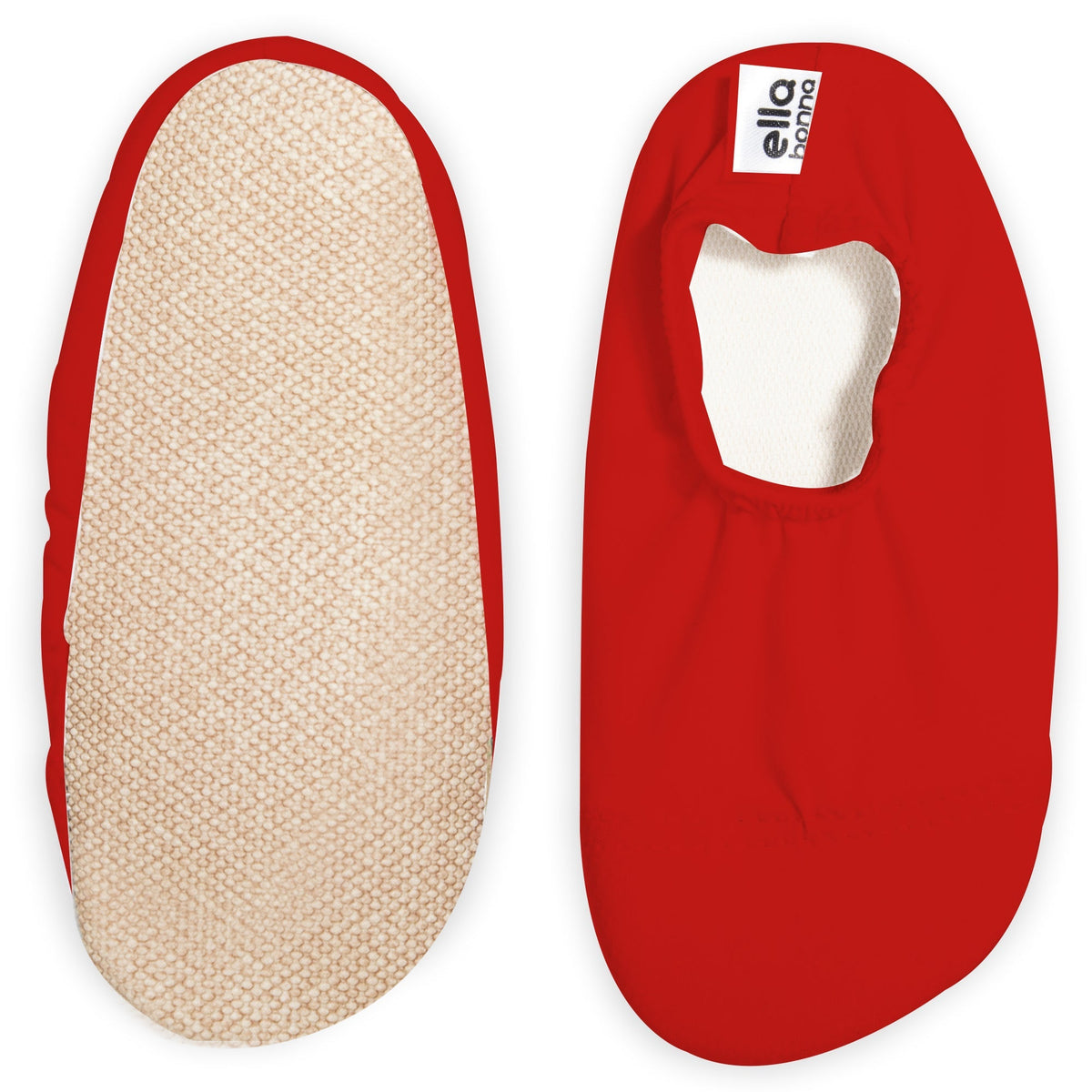 Red slip-on water shoes with cream lining, with one sole facing the camera on a white background.