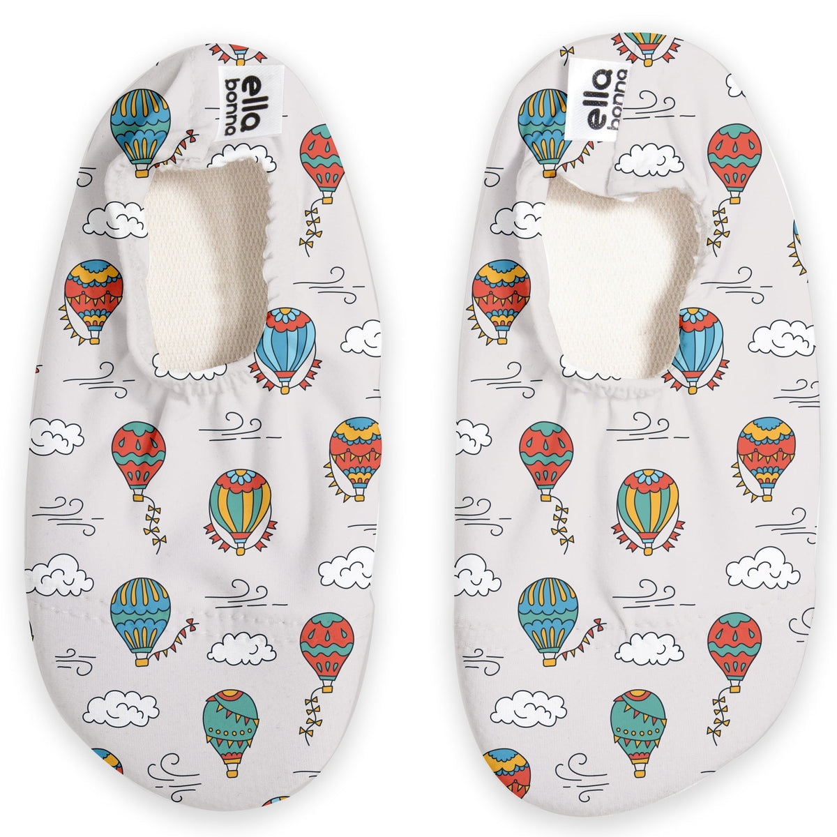 Top view of a pair of pale gray slip-on water shoes with colorful hot-air balloons and clouds on a white background.