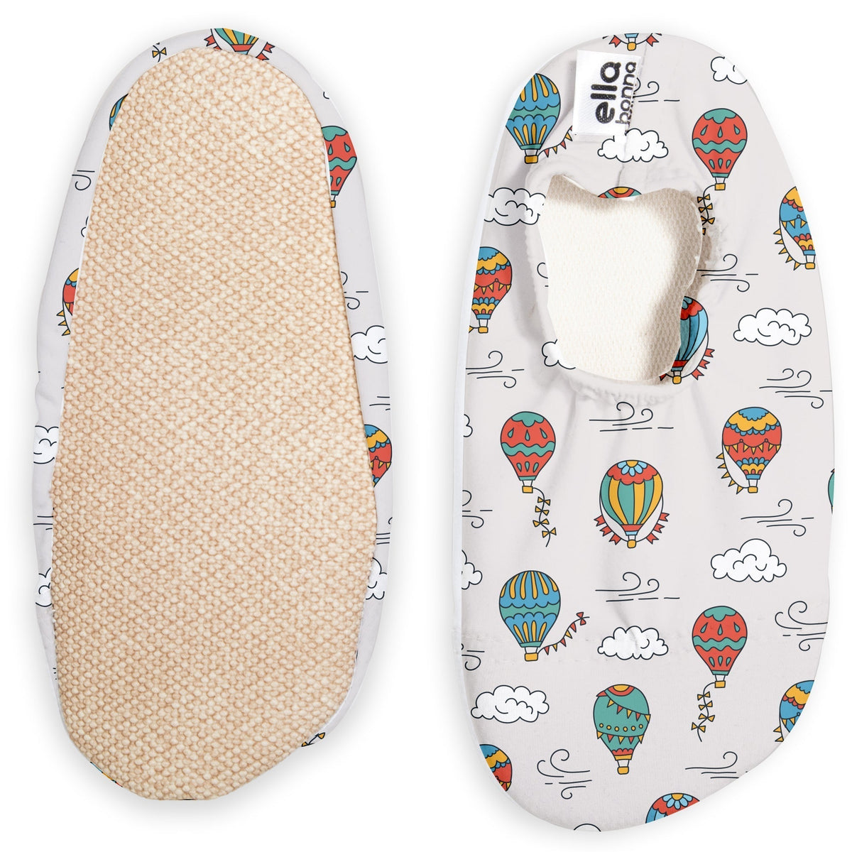 Pale gray slip-on water shoes with colorful hot-air balloons and clouds, with one sole facing the camera on a white background.