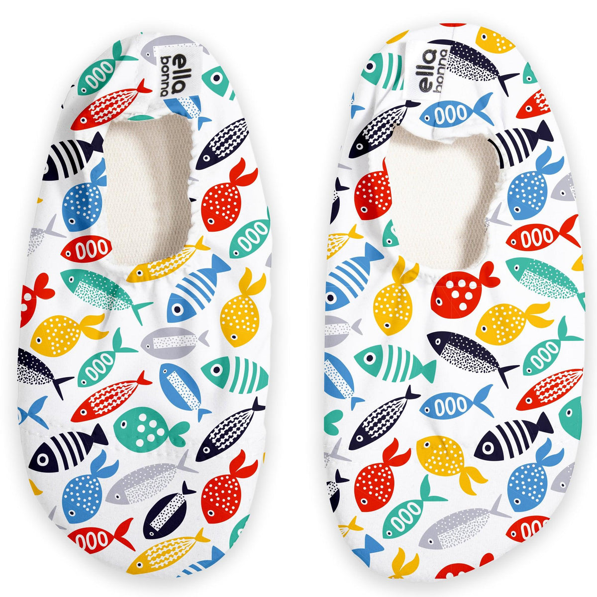 Top view of a pair of white slip-on water shoes with multicolored fish print on a white background.