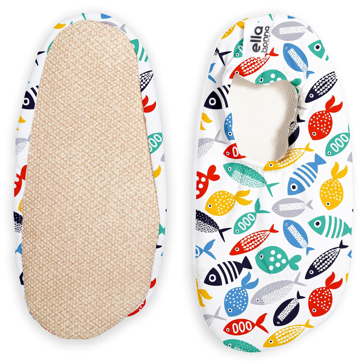 White slip-on water shoes with multicolored fish print, with one sole facing the camera on a white background.