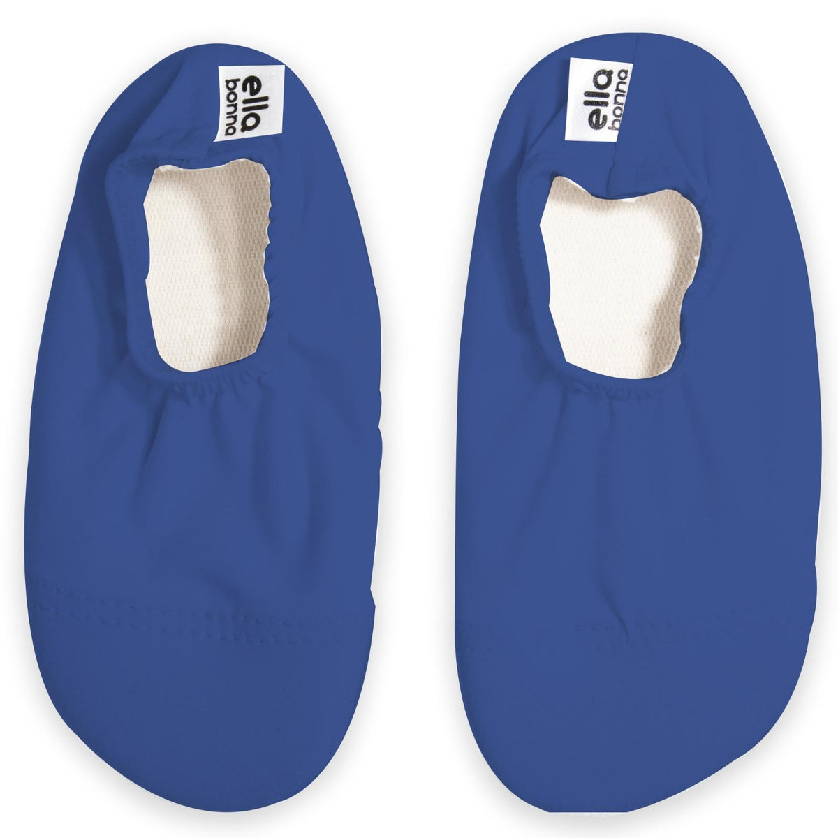 Top view of a pair of dark blue slip-on water shoes with cream lining on a white background.