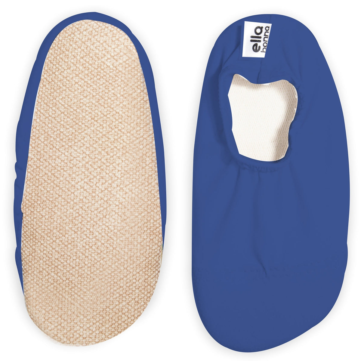 Dark blue slip-on water shoes with cream lining, with one sole facing the camera on a white background.
