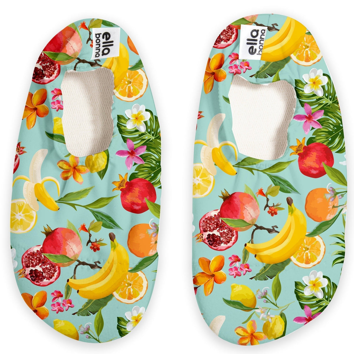 Top view of a pair of pale blue slip-on water shoes with colorful tropical fruit print on a white background.