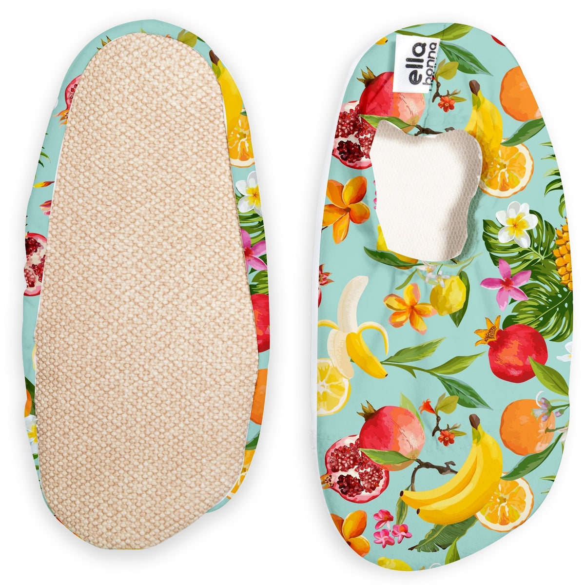 Pale blue slip-on water shoes with colorful tropical fruit print, with one sole facing the camera on a white background.