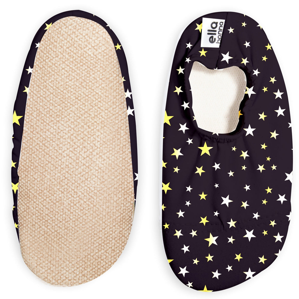 Black slip-on water shoes with yellow-and-white star print, with one sole facing the camera on a white background.