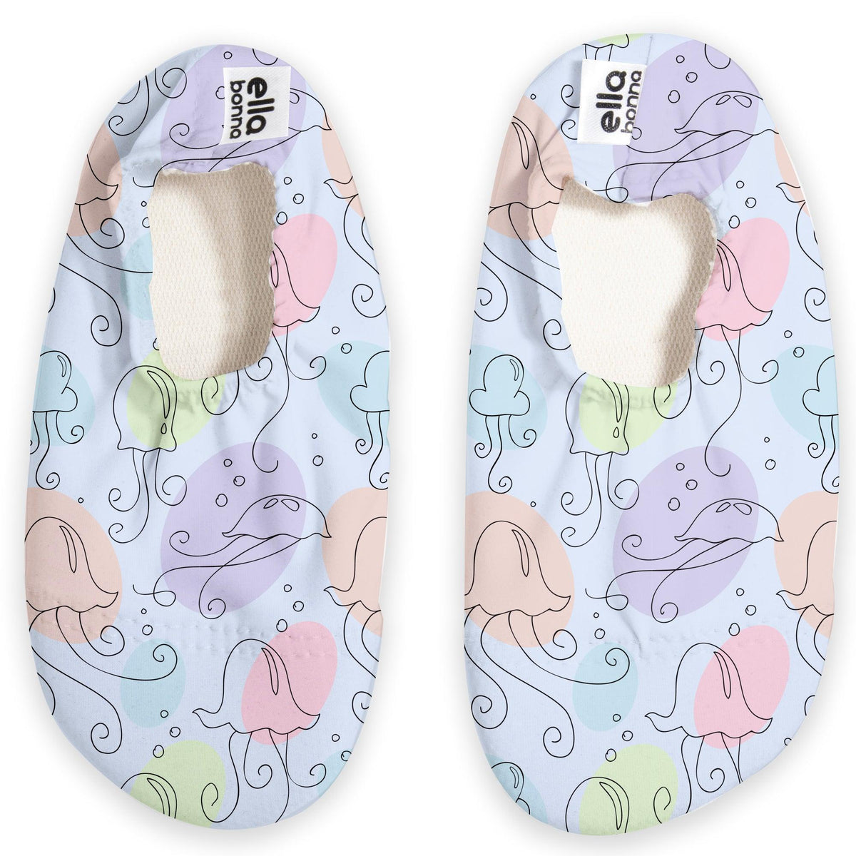 Top view of a pair of pale blue slip-on water shoes with pastel jellyfish print on a white background.