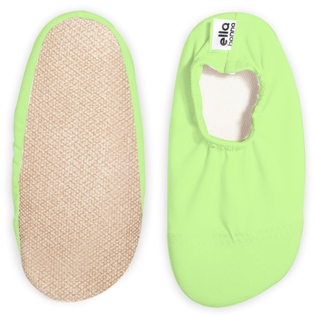 Lime green slip-on water shoes with cream lining, with one sole facing the camera on a white background.