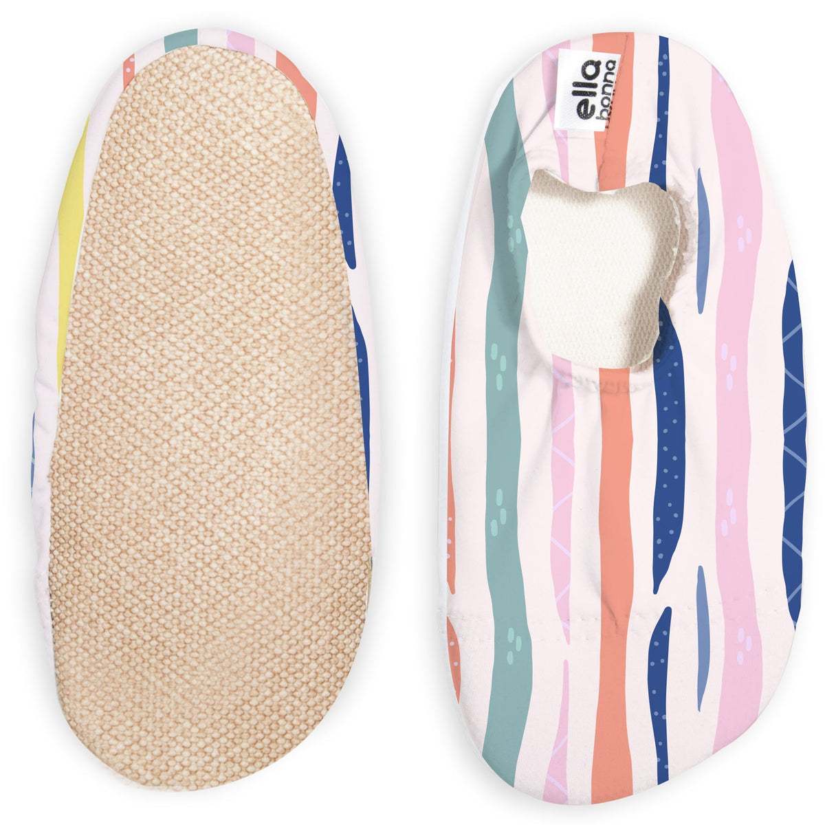 White slip-on water shoes with multicolored vertical brushstroke stripes, with one sole facing the camera on a white background.