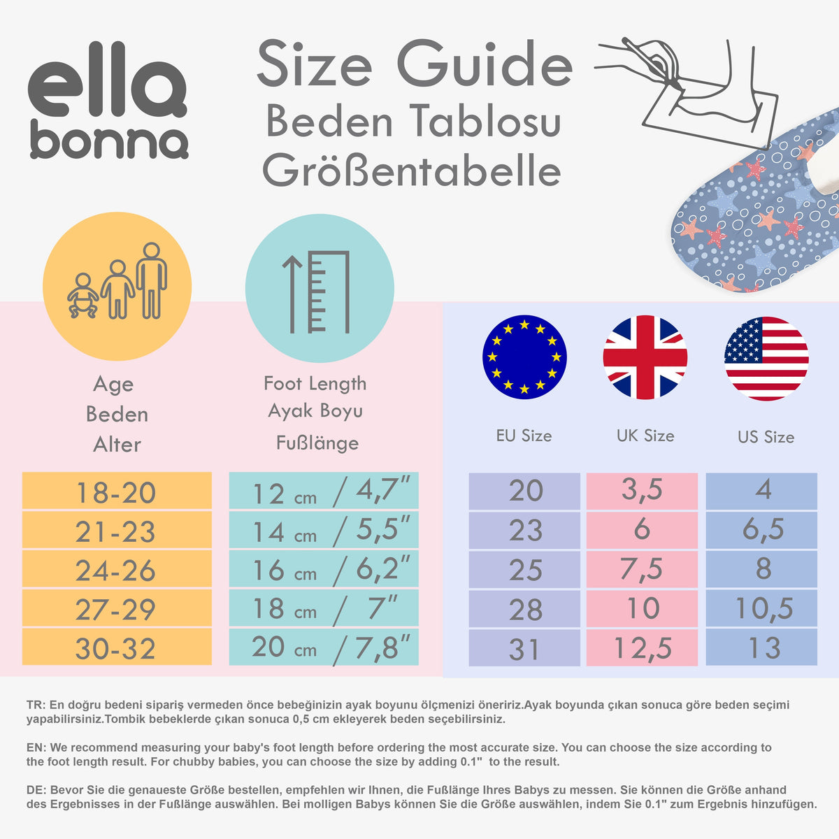 Ella Bonna water-shoe size guide with foot lengths and regional sizes; the first size column is labeled Age.