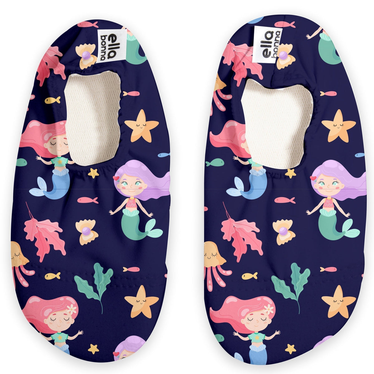 Top view of a pair of navy slip-on water shoes with mermaids, sea creatures and starfish on a white background.