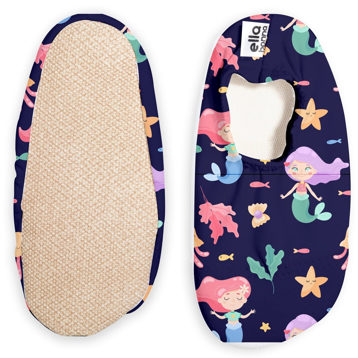 Navy slip-on water shoes with mermaids, sea creatures and starfish, with one sole facing the camera on a white background.