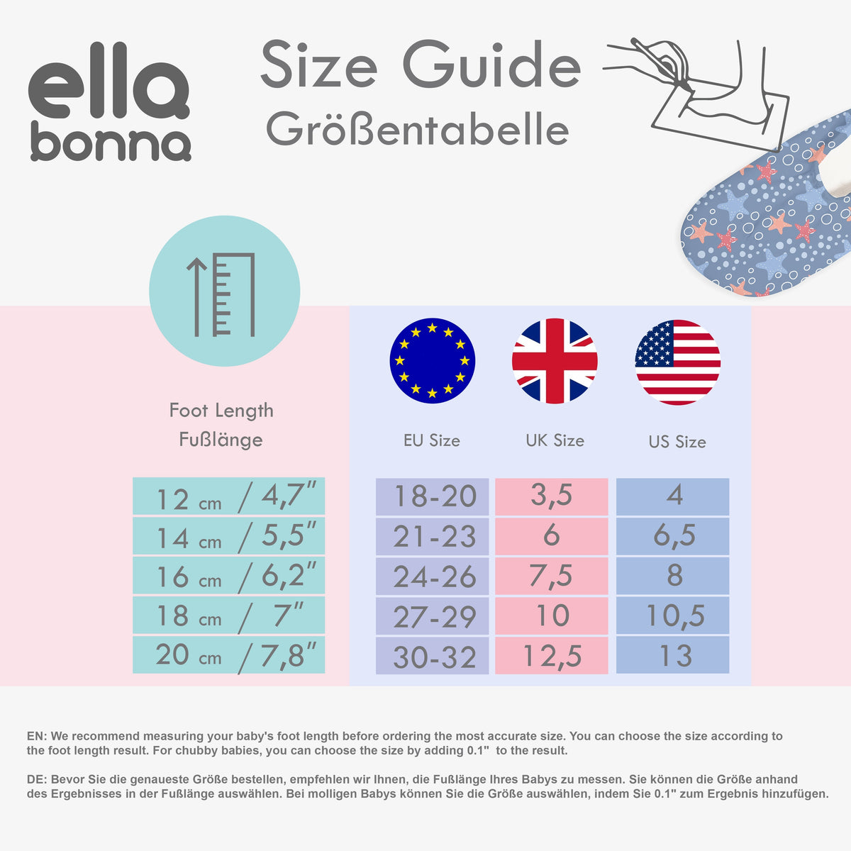 Ella Bonna water-shoe size guide comparing foot lengths with EU size ranges and UK and US shoe sizes.
