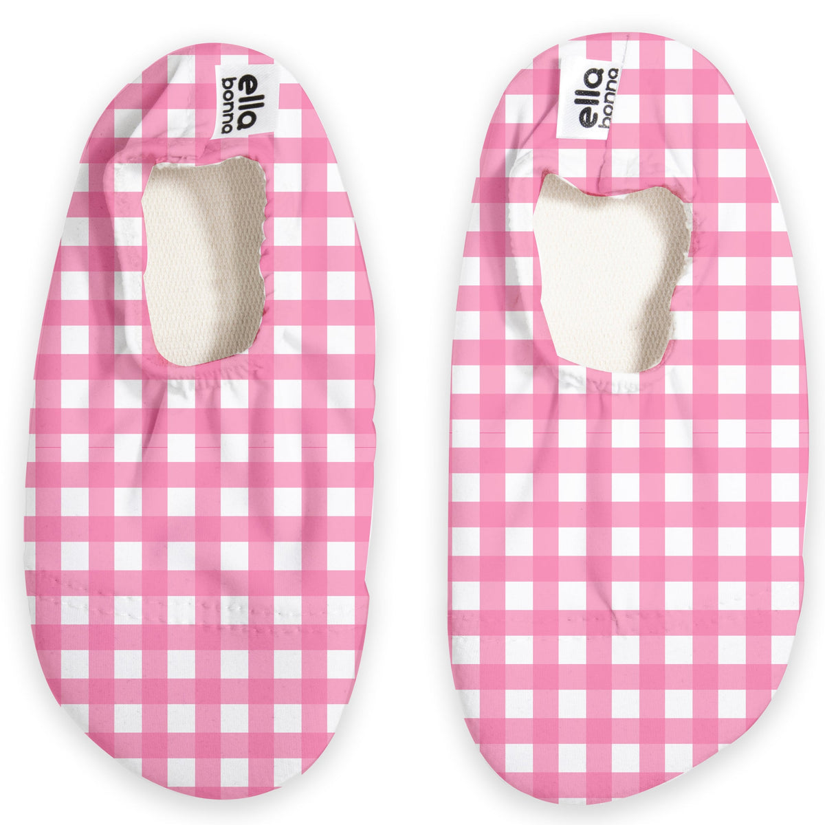 Top view of a pair of pink-and-white gingham slip-on water shoes on a white background.