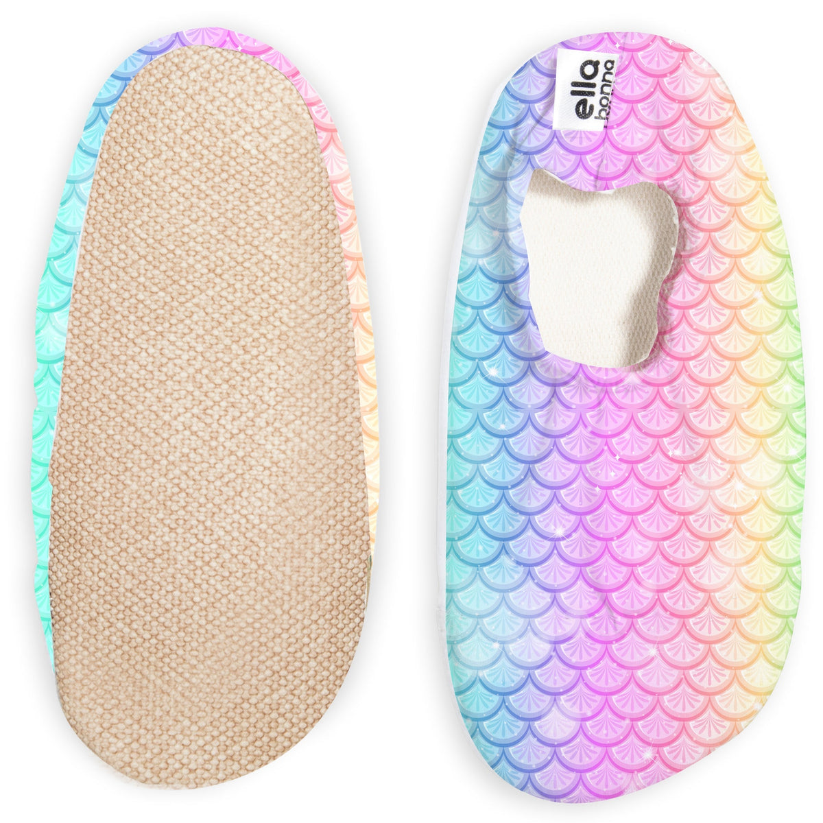Pastel rainbow slip-on water shoes with a scale pattern, with one sole facing the camera on a white background.
