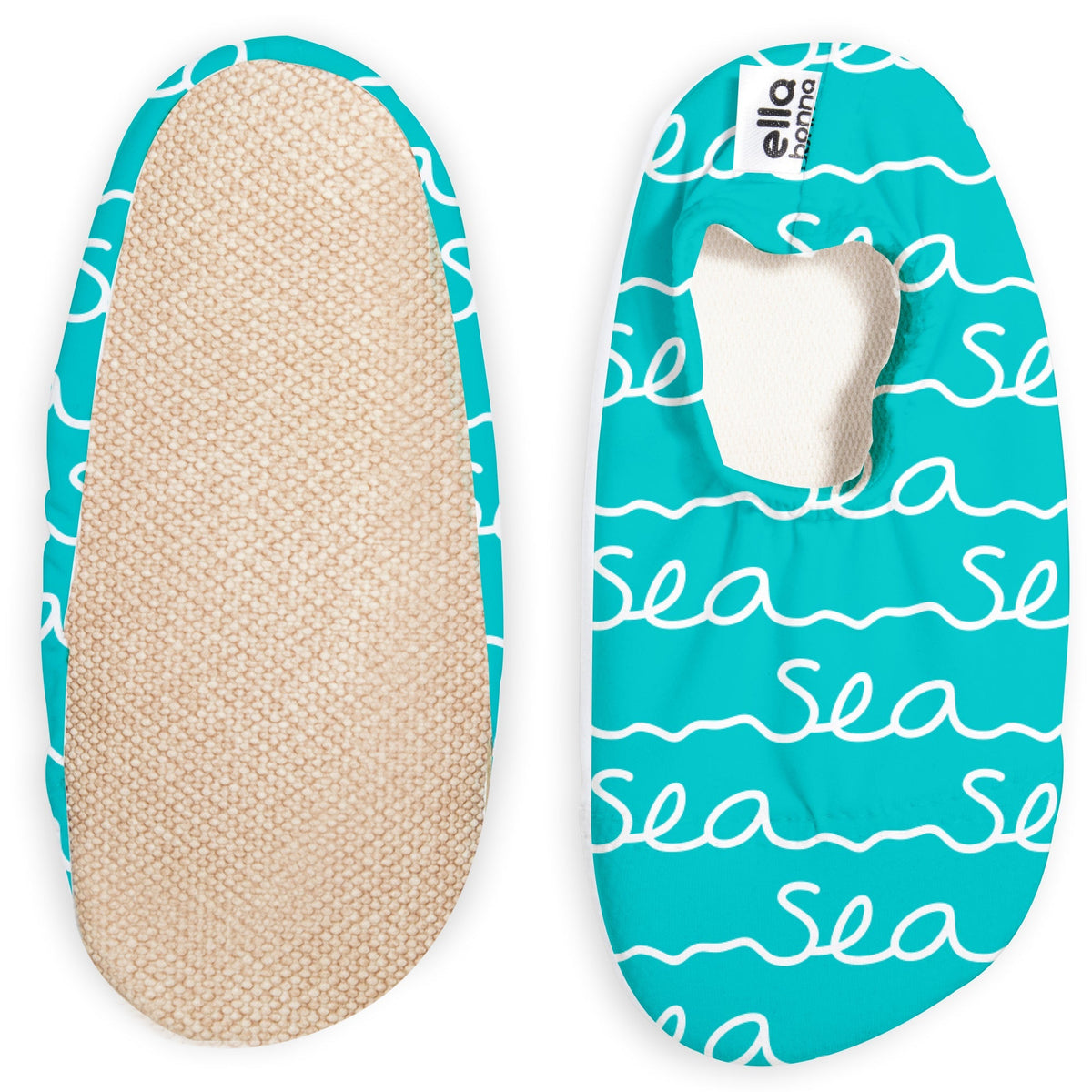 Turquoise slip-on water shoes with white Sea script, with one sole facing the camera on a white background.