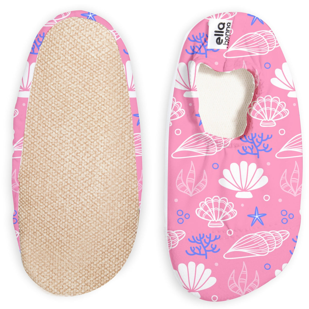 Pink slip-on water shoes with pale shells and purple sea motifs, with one sole facing the camera on a white background.