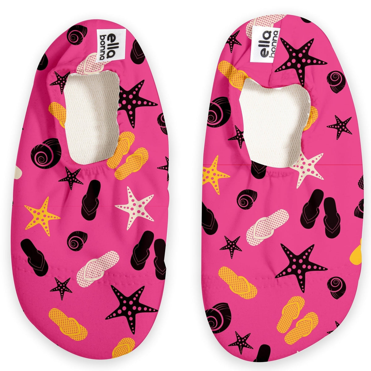 Top view of a pair of bright pink slip-on water shoes with flip-flop, shell and starfish print on a white background.