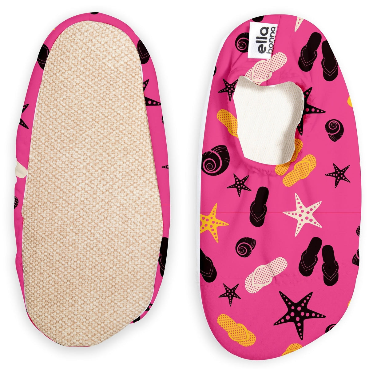 Bright pink slip-on water shoes with flip-flop, shell and starfish print, with one sole facing the camera on a white background.