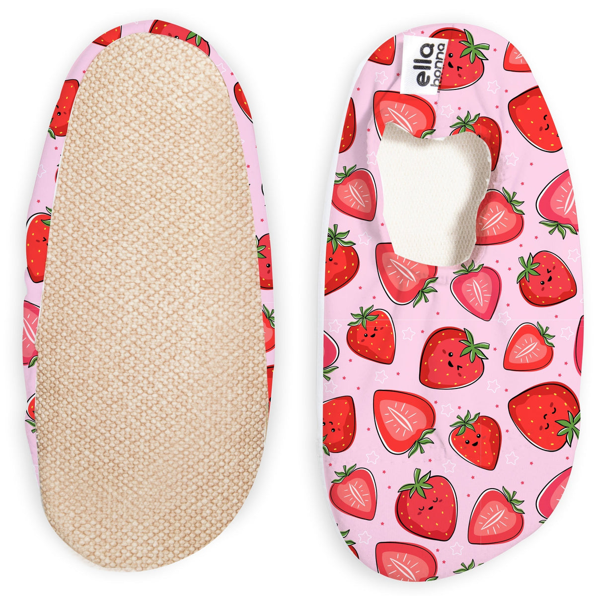 Pale pink slip-on water shoes with red strawberry print, with one sole facing the camera on a white background.