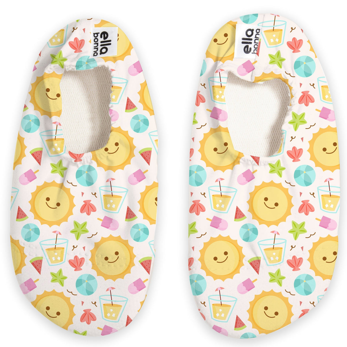 Top view of a pair of white slip-on water shoes with smiling yellow suns and colorful stars on a white background.