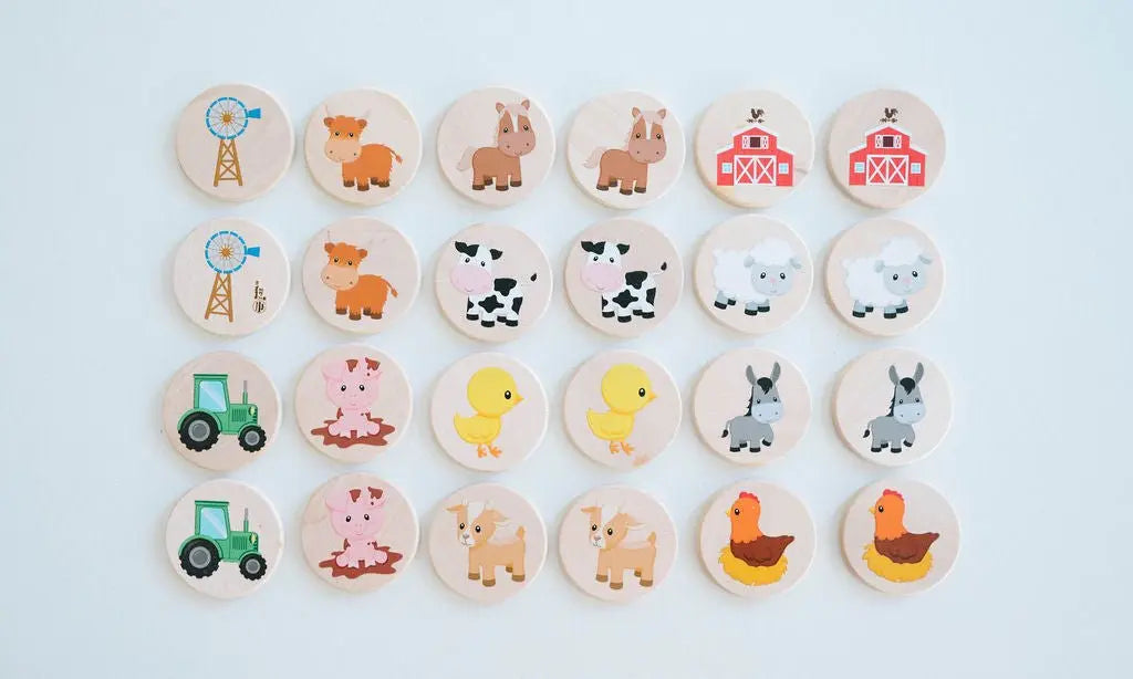 Bannor Toys On The Farm Matching Tiles collection view, showing illustrated round wooden matching tiles