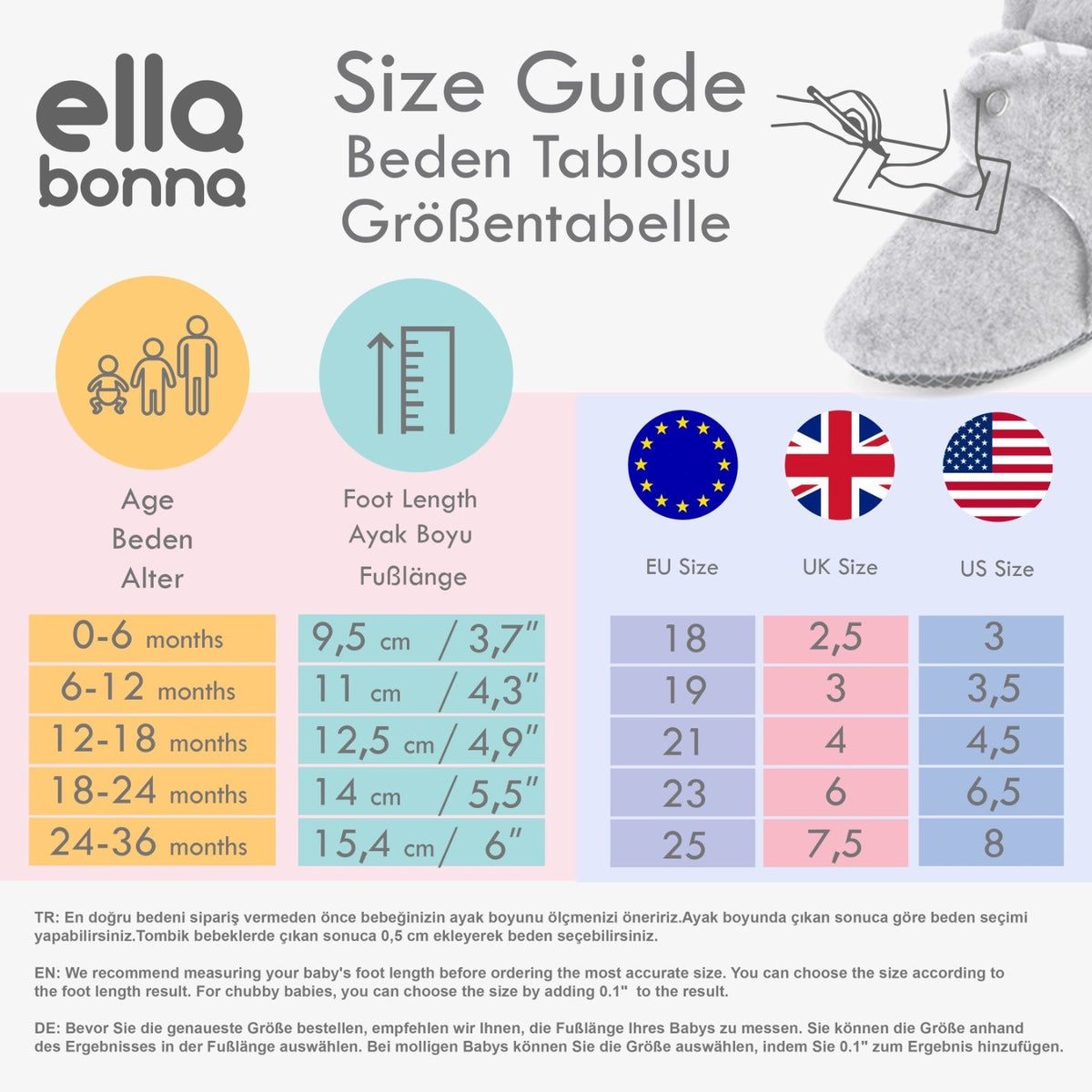 Ella Bonna baby bootie size guide with age ranges, foot lengths and EU, UK and US shoe-size columns.