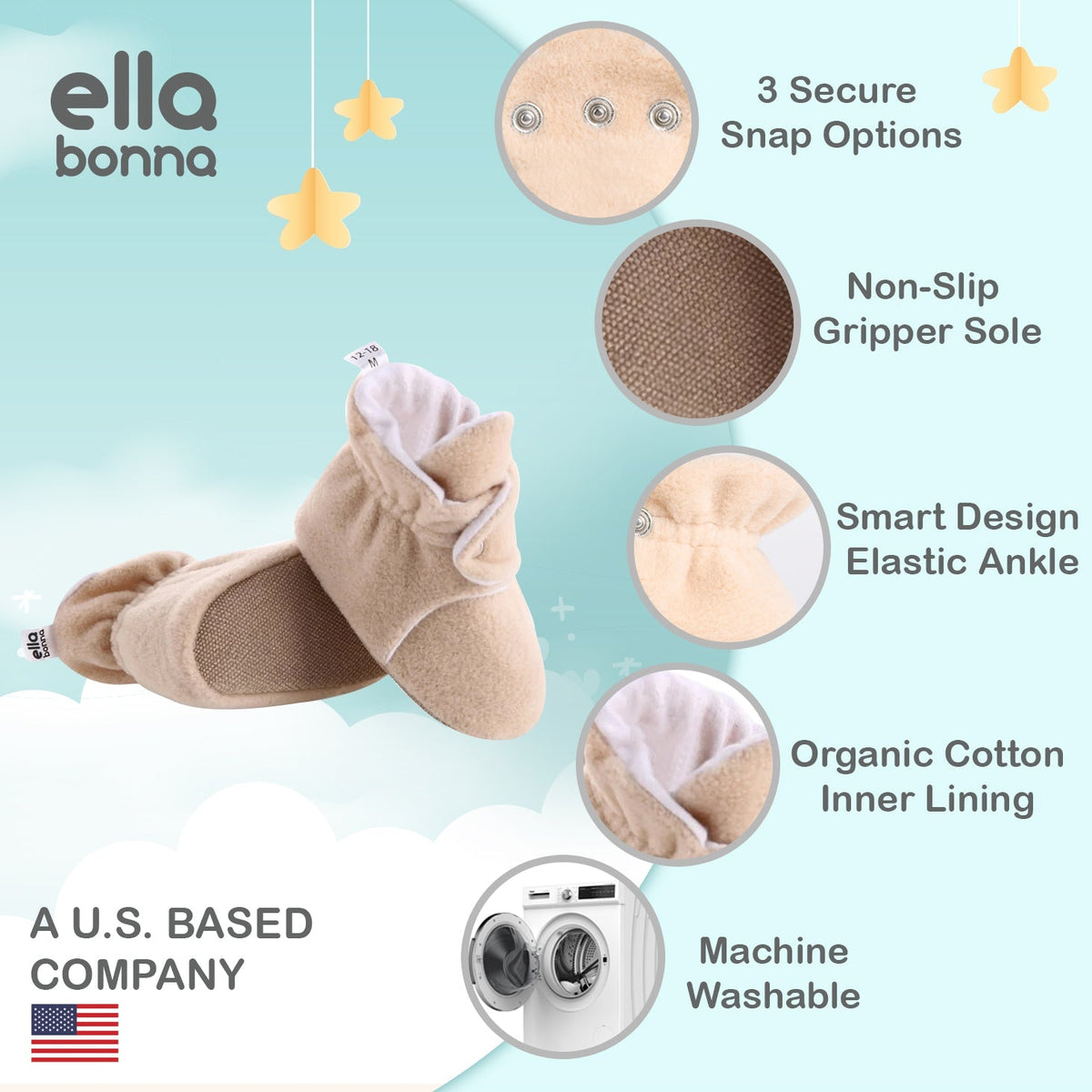 Ella Bonna feature graphic showing beige snap-strap booties, sole and lining callouts, and a U.S.-based company claim.