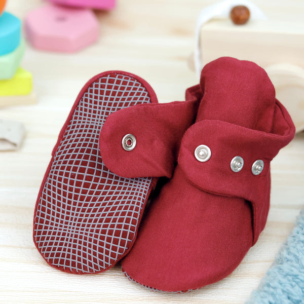 Organic Cotton Baby Booties, Non-Slip Sole, Cotton Newborn Booties Home Nursery Shoes, Burgundy - The Baby Penguin