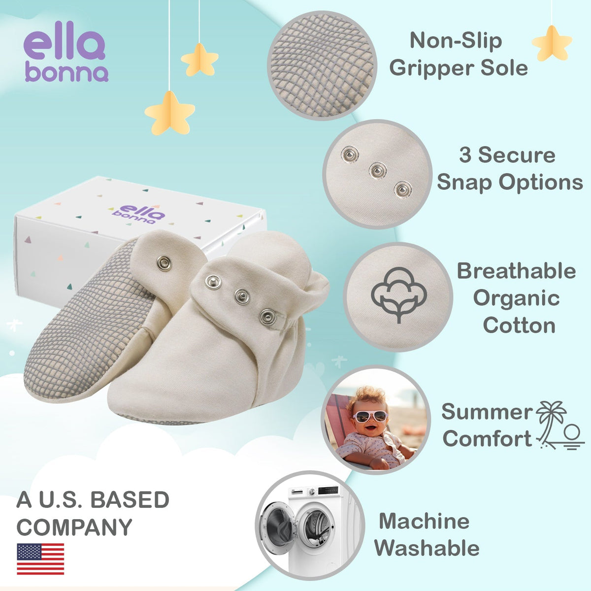 Ella Bonna feature graphic showing cream snap-strap booties, sole, fabric and care callouts, and a U.S.-based company claim.