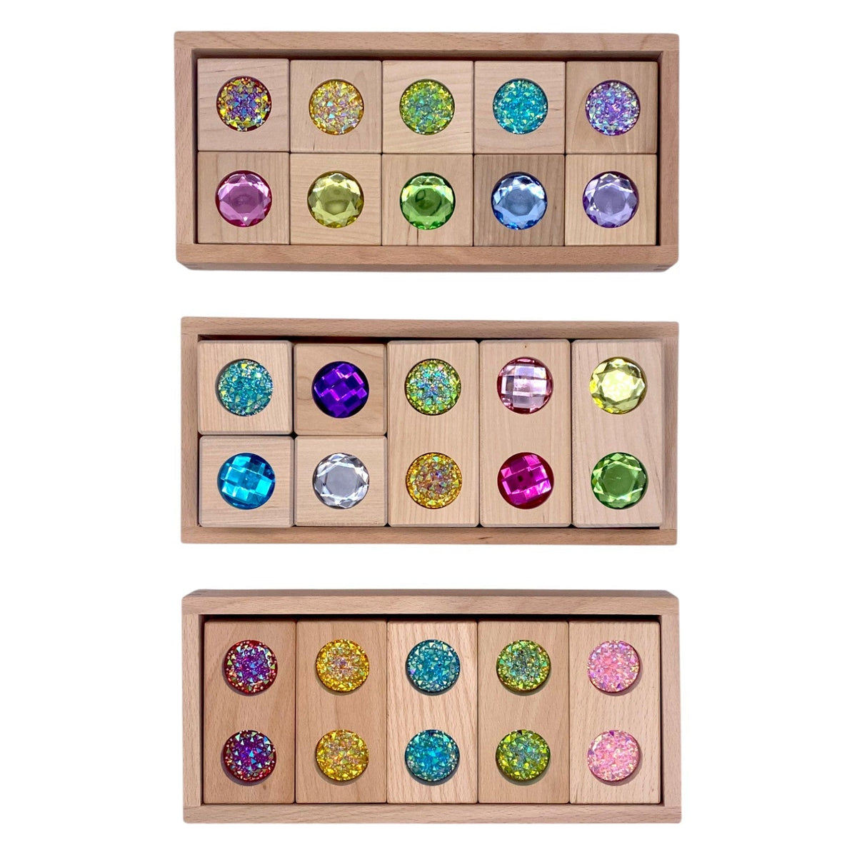 Three wooden gem block styles shown in separate trays; select one set