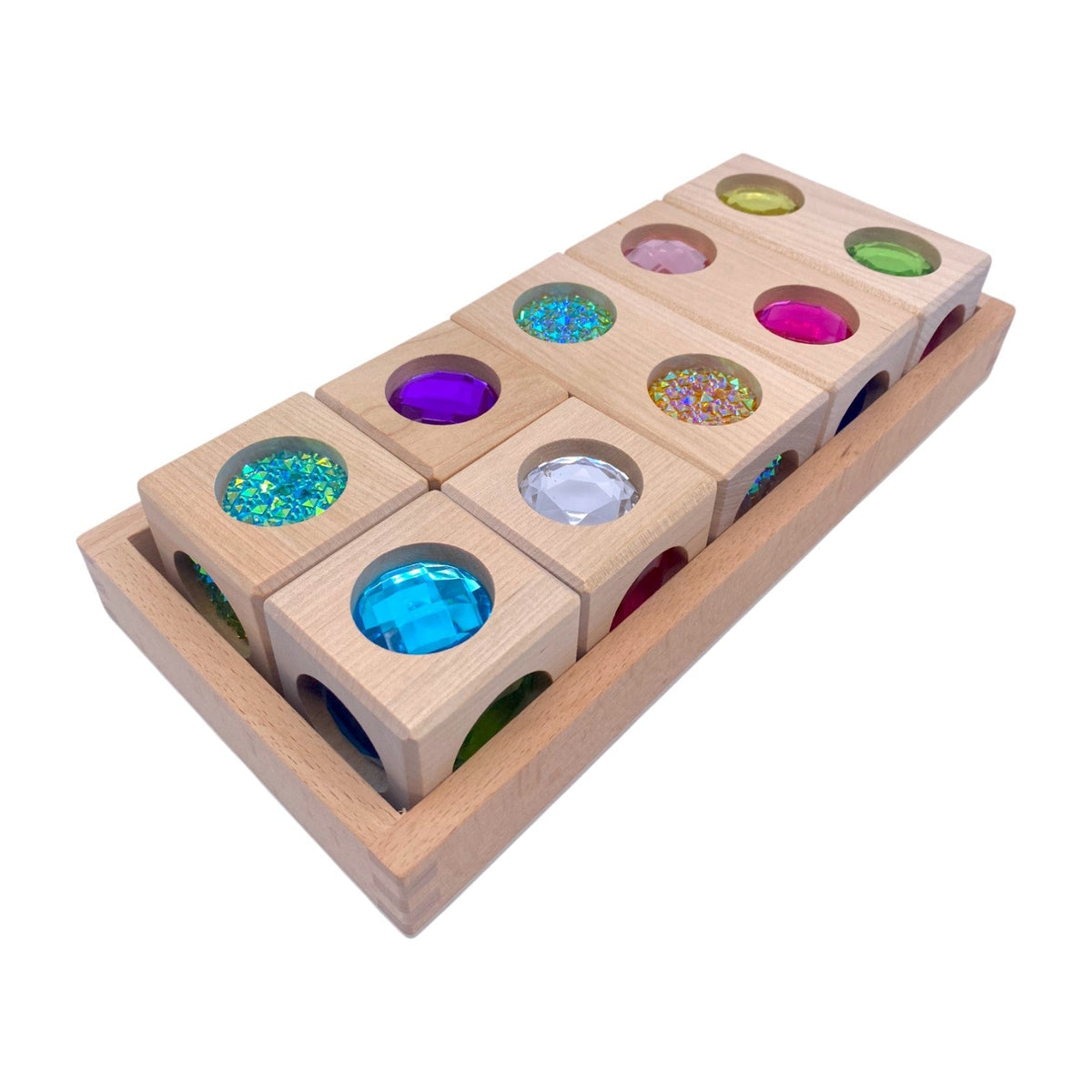Overhead angled view of Style C cube and rectangular gem blocks in their tray