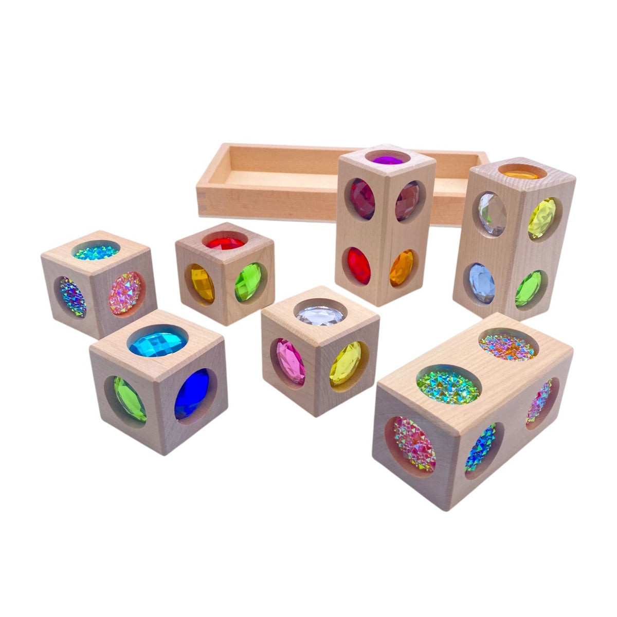 Style C rainbow gem cubes and rectangular blocks shown upright and flat