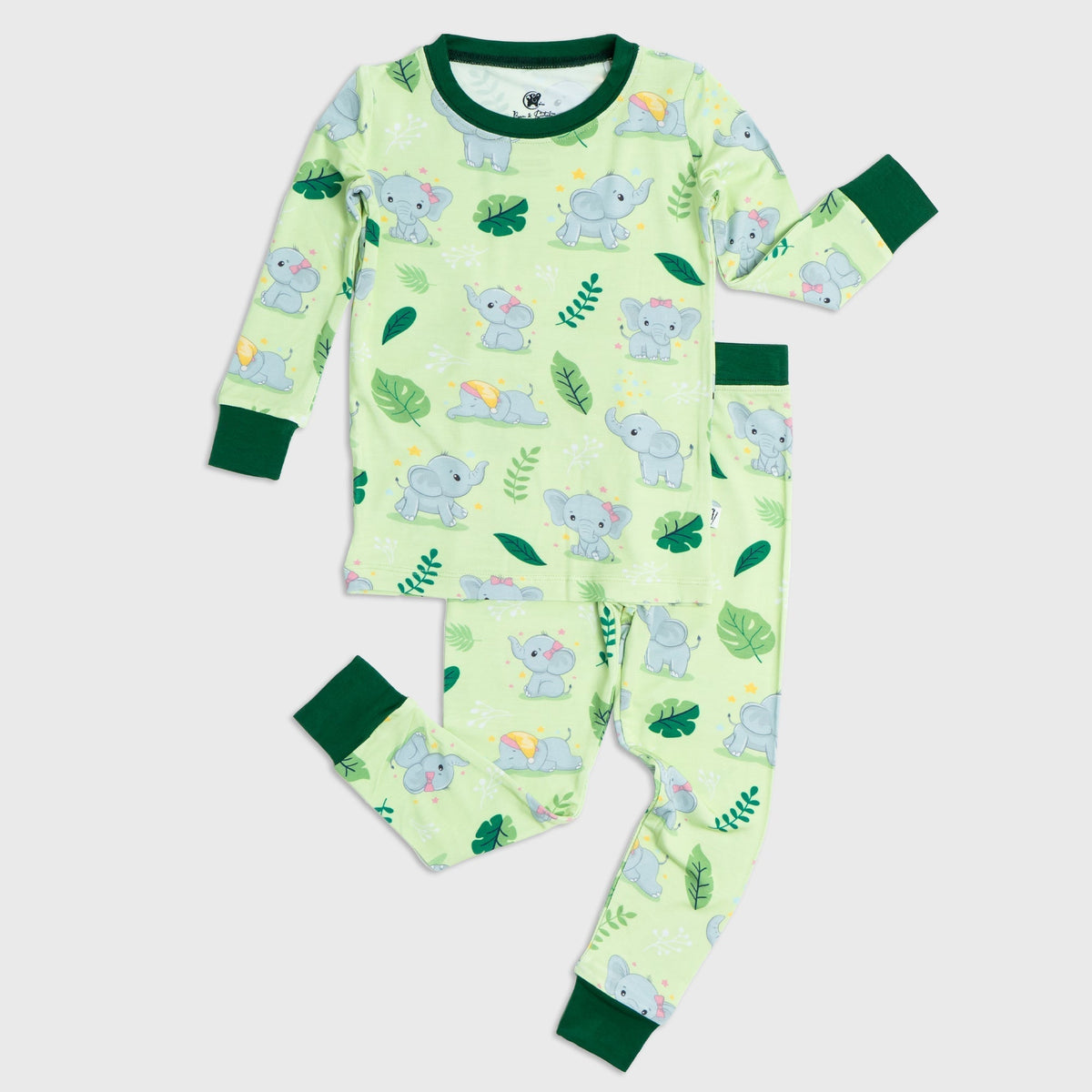 Flat lay of Bam & Stitch Playfully Strong Long Sleeve Pajamas, showing the matching top and bottoms.