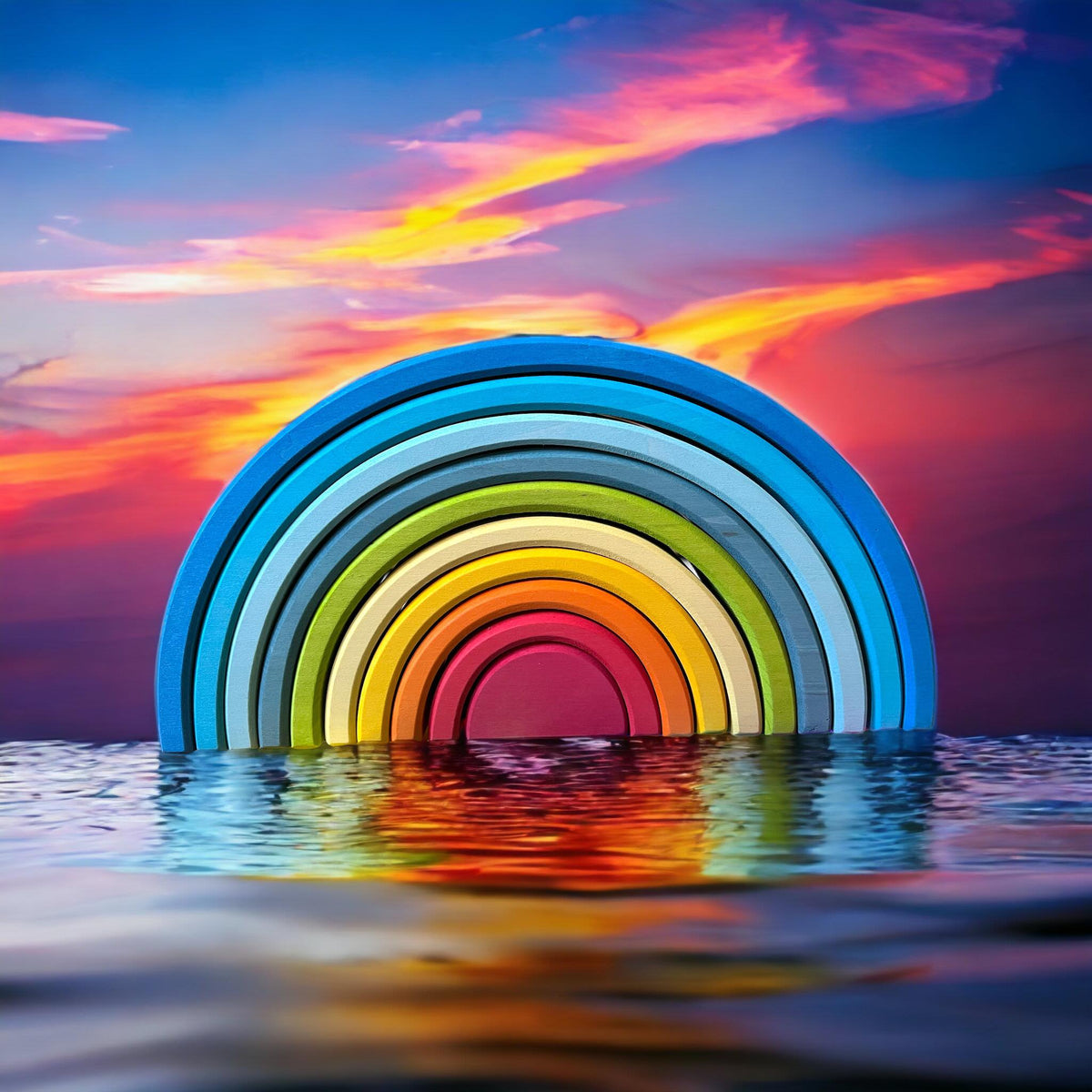 Gwawr Sunrise wooden rainbow with ten nested colored pieces against a sunrise background