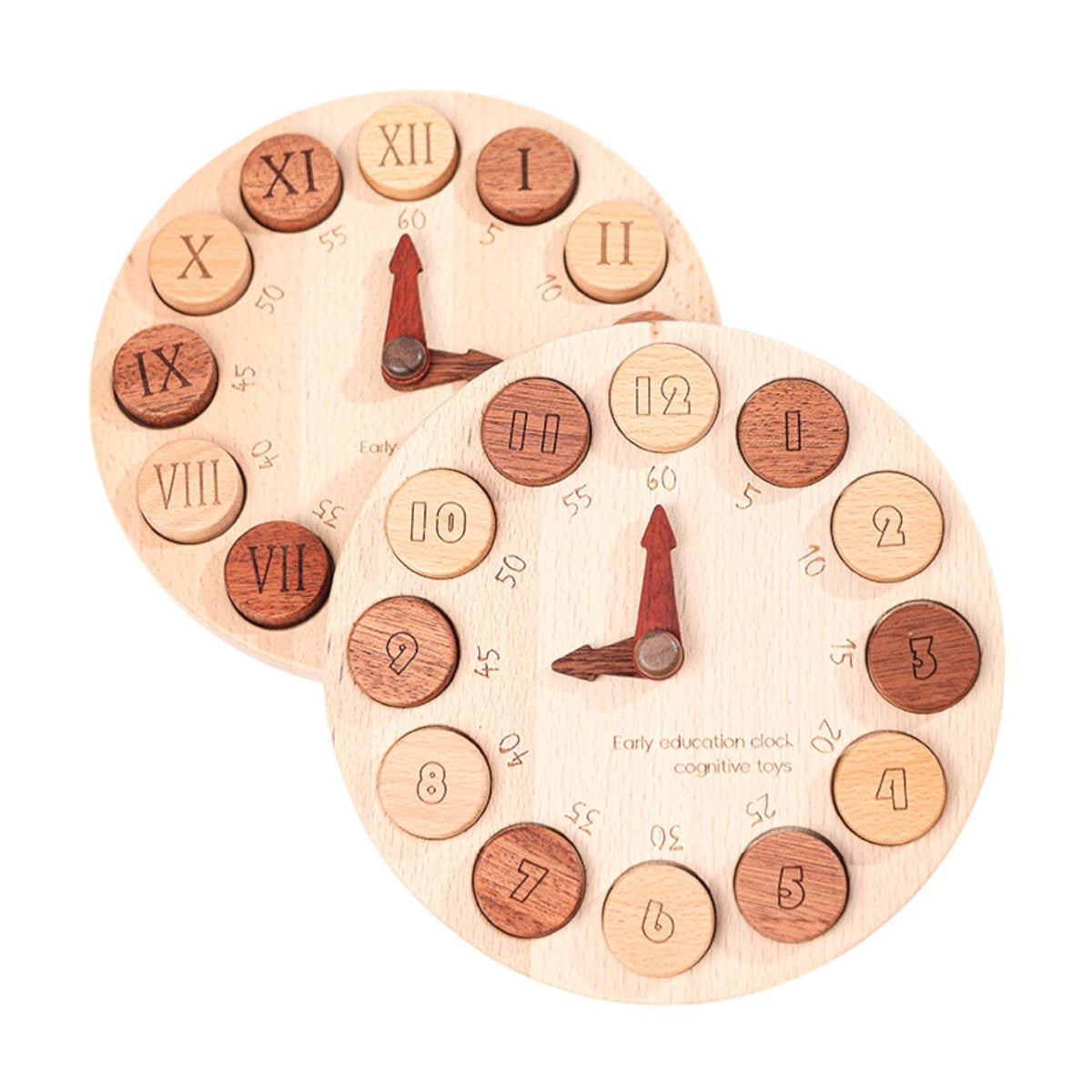 Roman-numeral and Arabic-numeral sides of the double-sided wooden learning clock