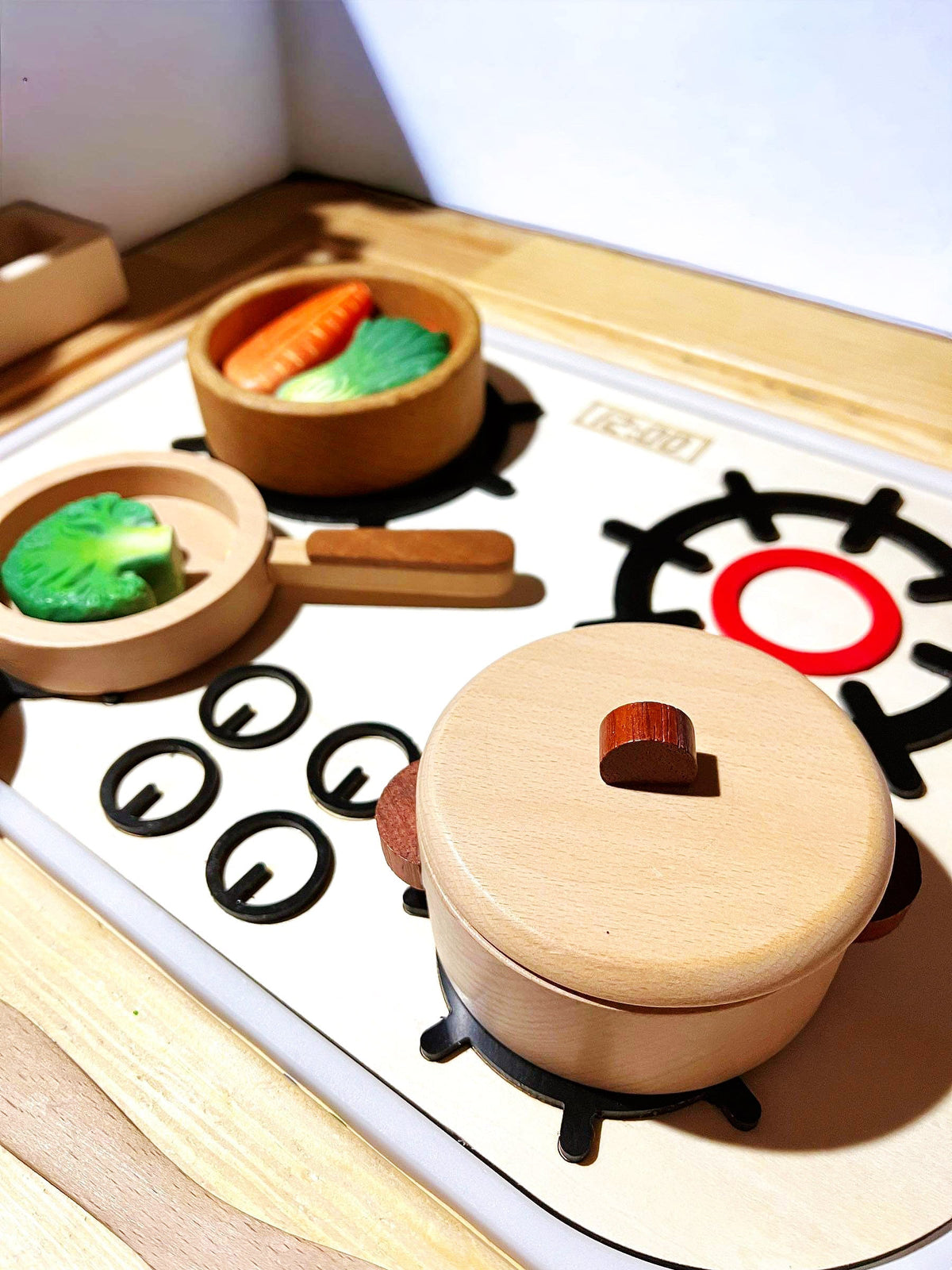 Cookstove sensory bin insert with wooden play cookware