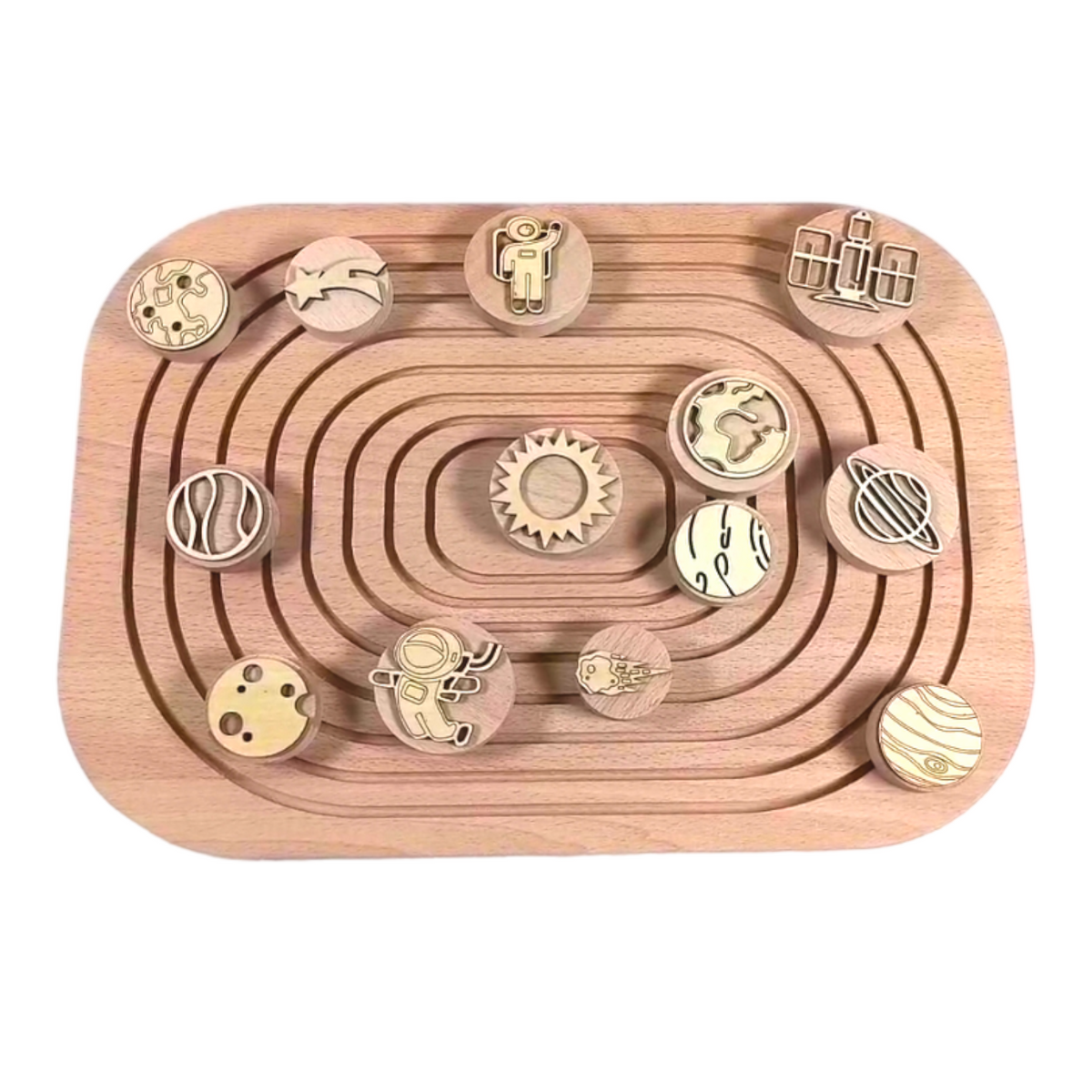 Solar system sensory activity board with wooden pieces