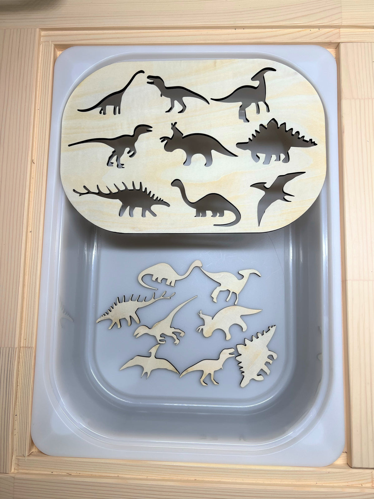 Dinosaur activity board set fitted in a sensory table