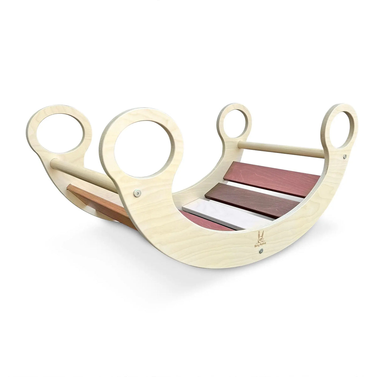 Rocker with cream, tan and brown slats and circular handles, angled view on white.