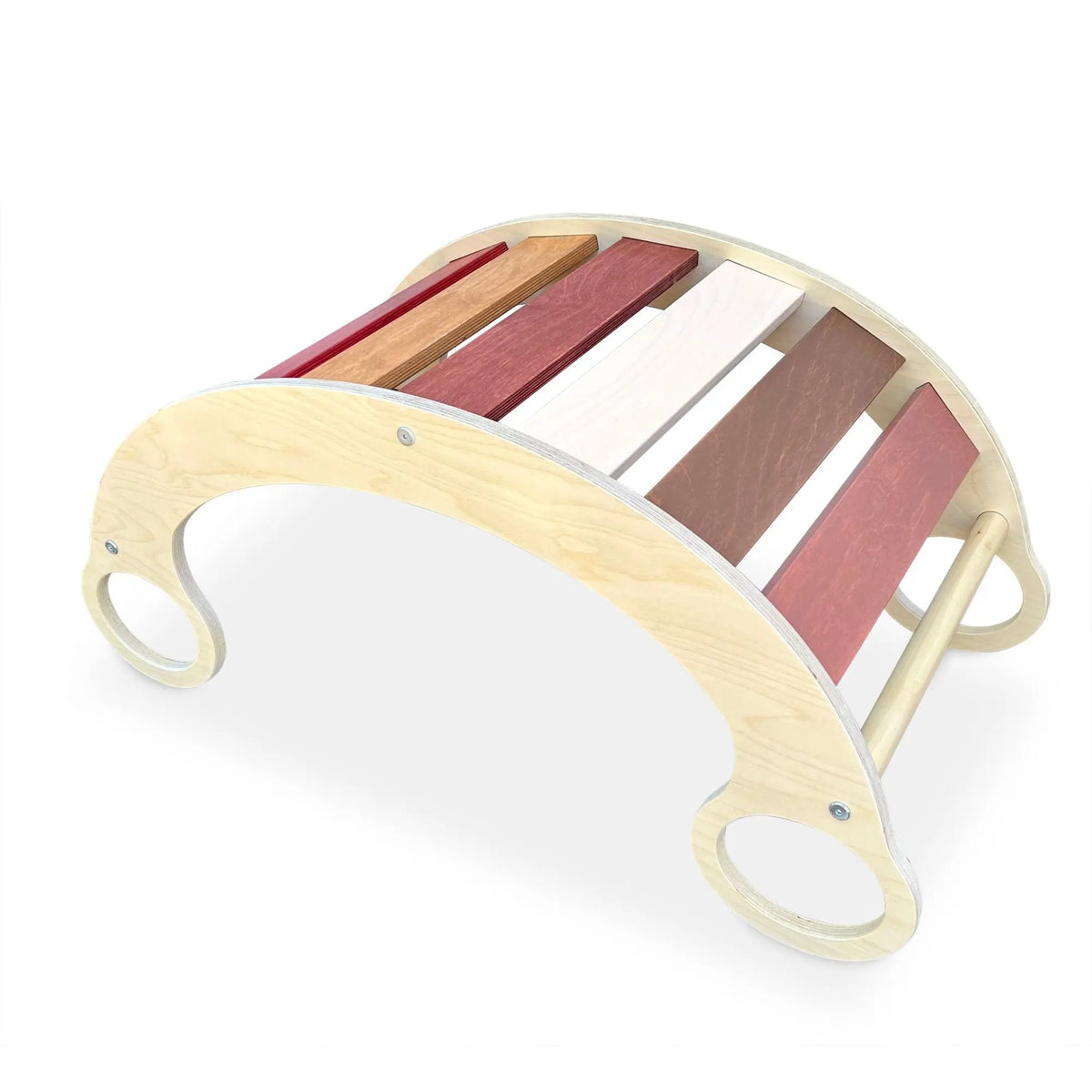 Cream, tan and brown-slat rocker turned upside down as an arch.