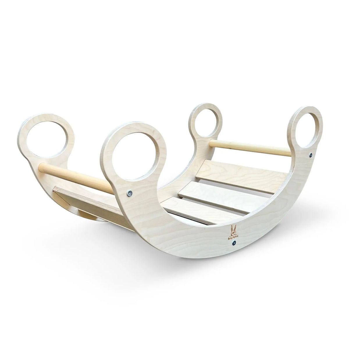 Pale natural-tone rocker with curved sides, spaced slats and four circular handles.