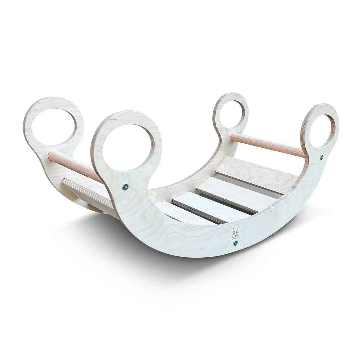 Light natural-tone rocker with visible grain and four circular handles, angled view on white.
