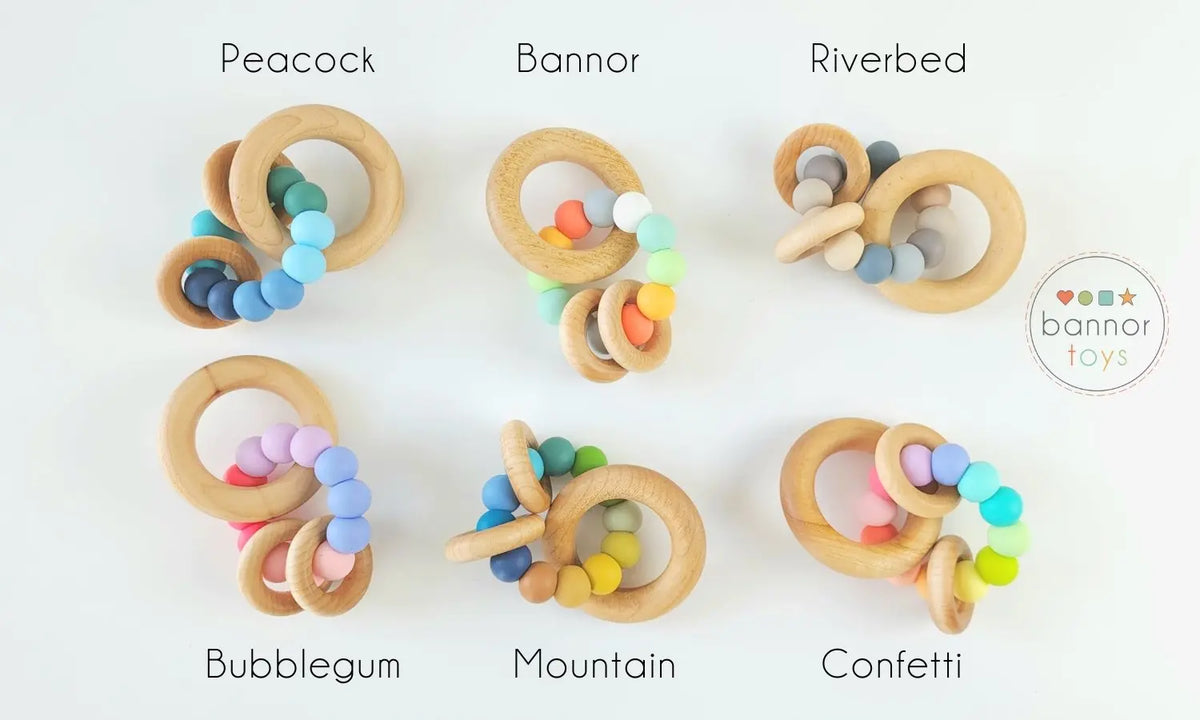 Bannor silicone bead color chart showing example teether color combinations