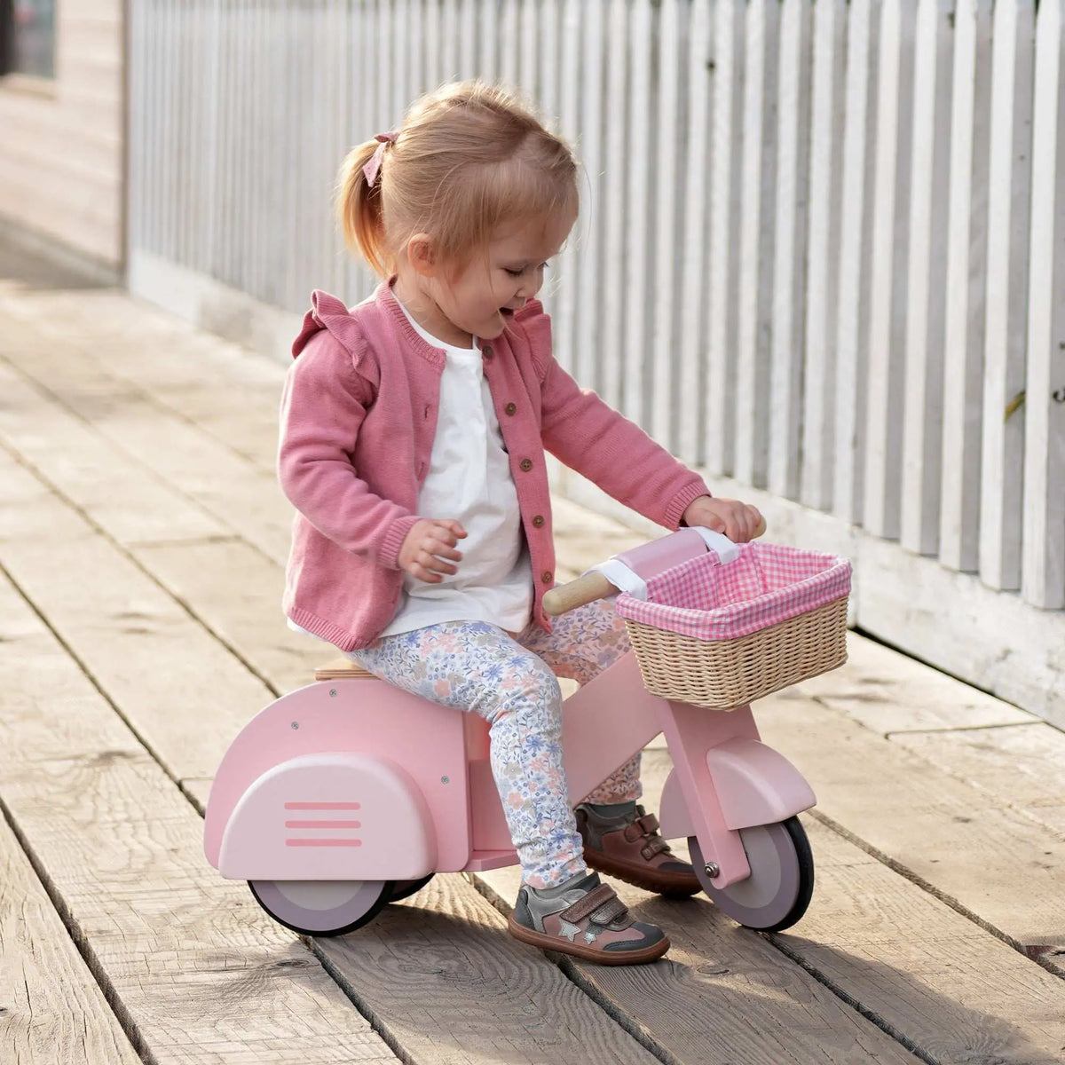 Tender Leaf Pink Wooden Ride-On Scooter with Basket