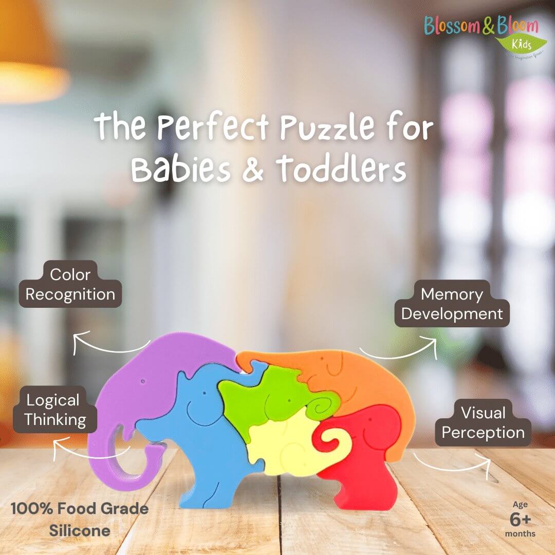 Stacking Elephant Puzzle promotional graphic highlighting color recognition and puzzle skills