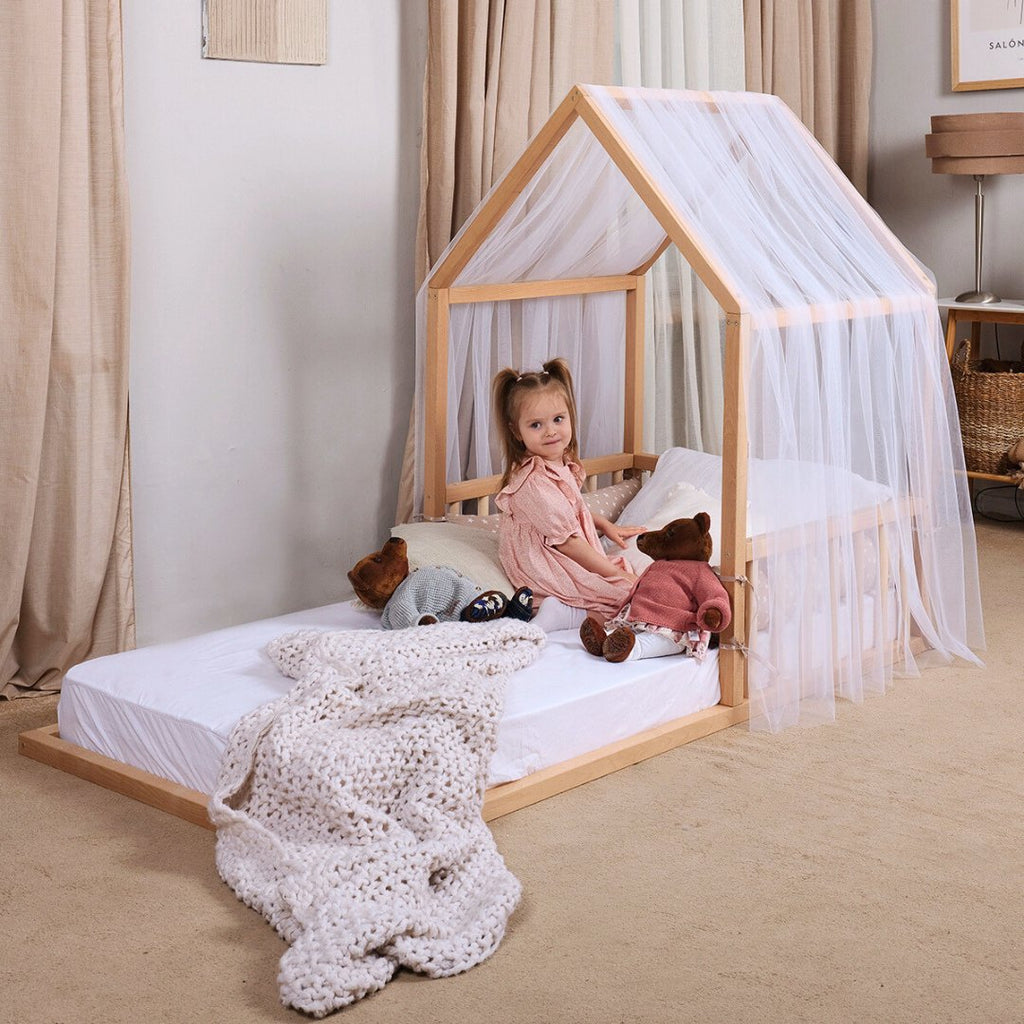 Small Wooden Montessori House Floor Bed with Fence and Roof for Kids (Twin - 75x38 inch) - The Baby Penguin