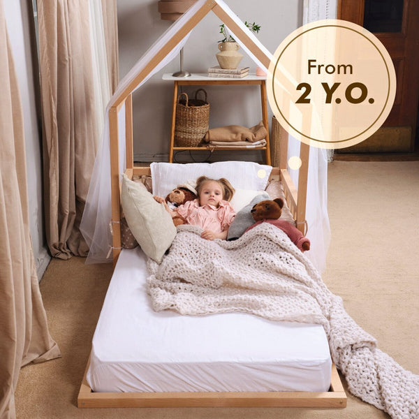 Small Wooden Montessori House Floor Bed with Fence and Roof for Kids (Twin - 75x38 inch) - The Baby Penguin